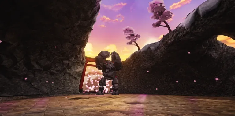 A Dungeon Quest Reborn arena with a stone golem by a torii gate